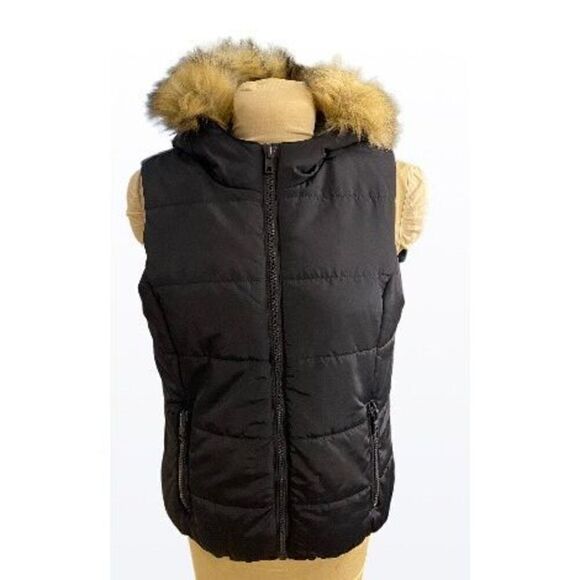Blue Puffer Vest by Liz Claiborne Faux Fur Lined Hood Size M - Picture 1 of 4
